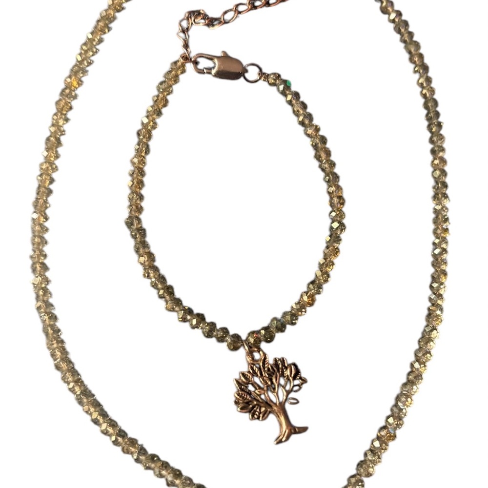 Green crystal Beaded Necklace and Bracelet Set with Tree of Life Charm